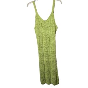 Freshman 1996 Lime Green Crochet Knit Boho V Neck Maxi Tank Dress Semi Sheer M